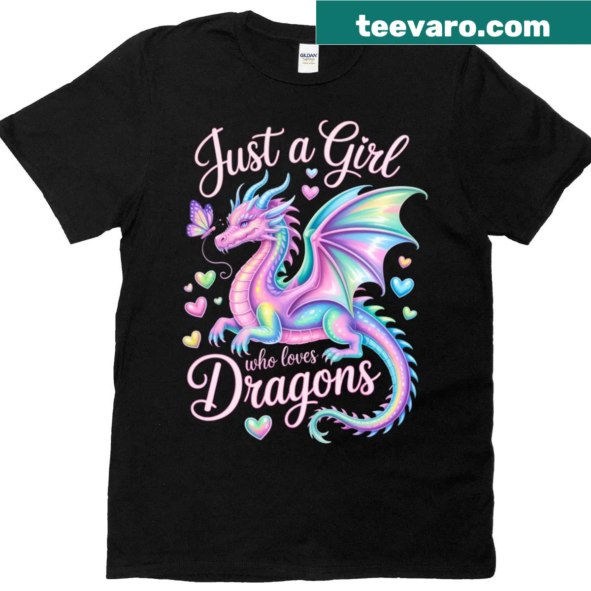 Pastel T-shirt featuring a dragon and butterflies, perfect for lovers of fantasy — on a men's t-shirt