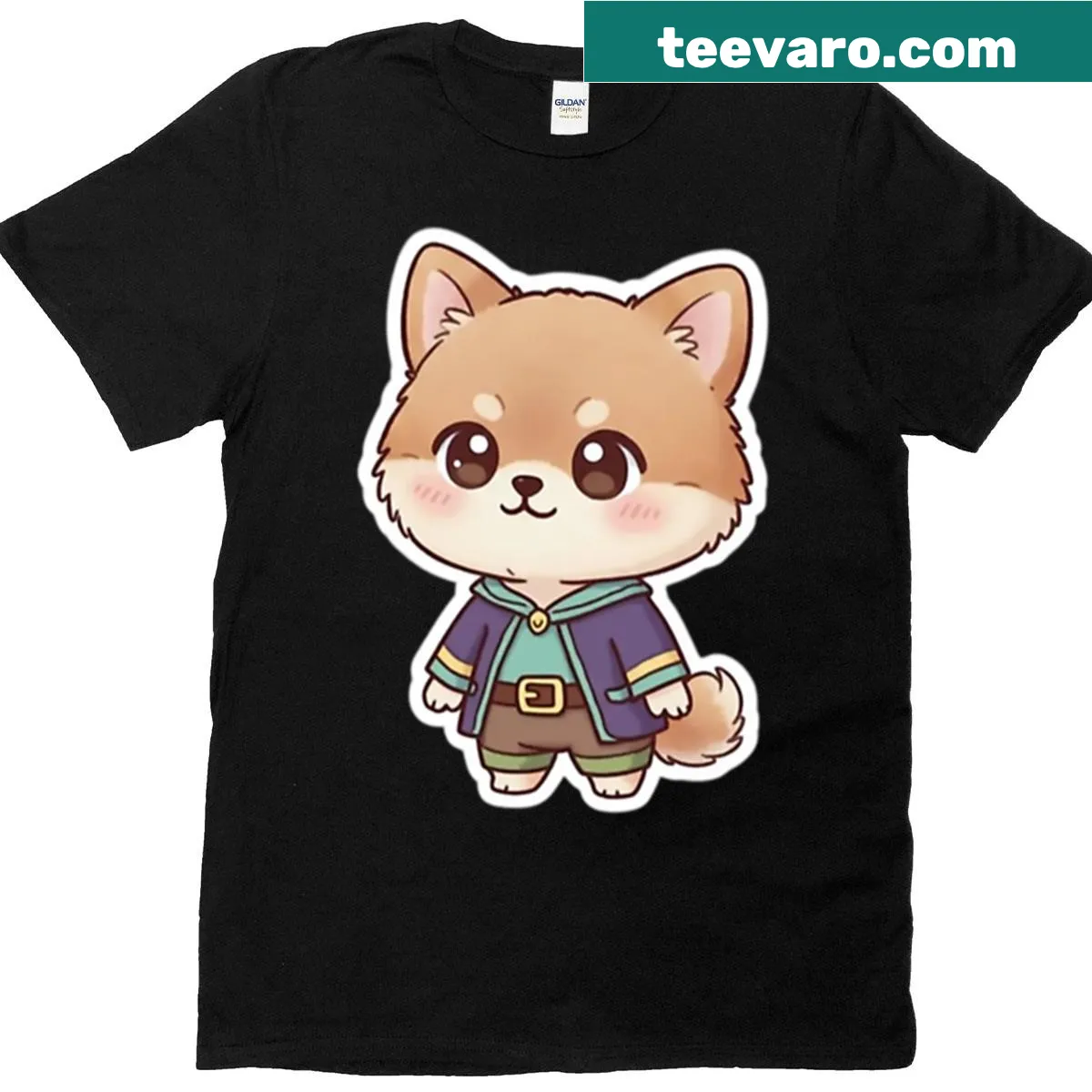 Cute cartoon dog dressed in medieval outfit graphic on t-shirt — on a men's t-shirt