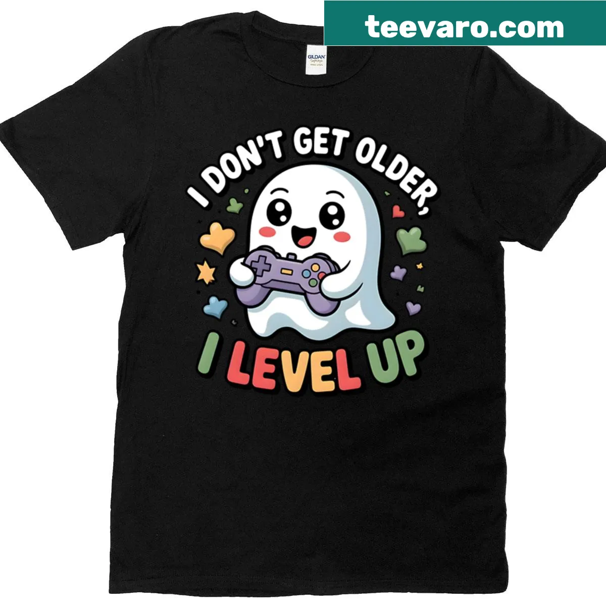 Kawaii ghost character graphic on t-shirt — on a men's t-shirt