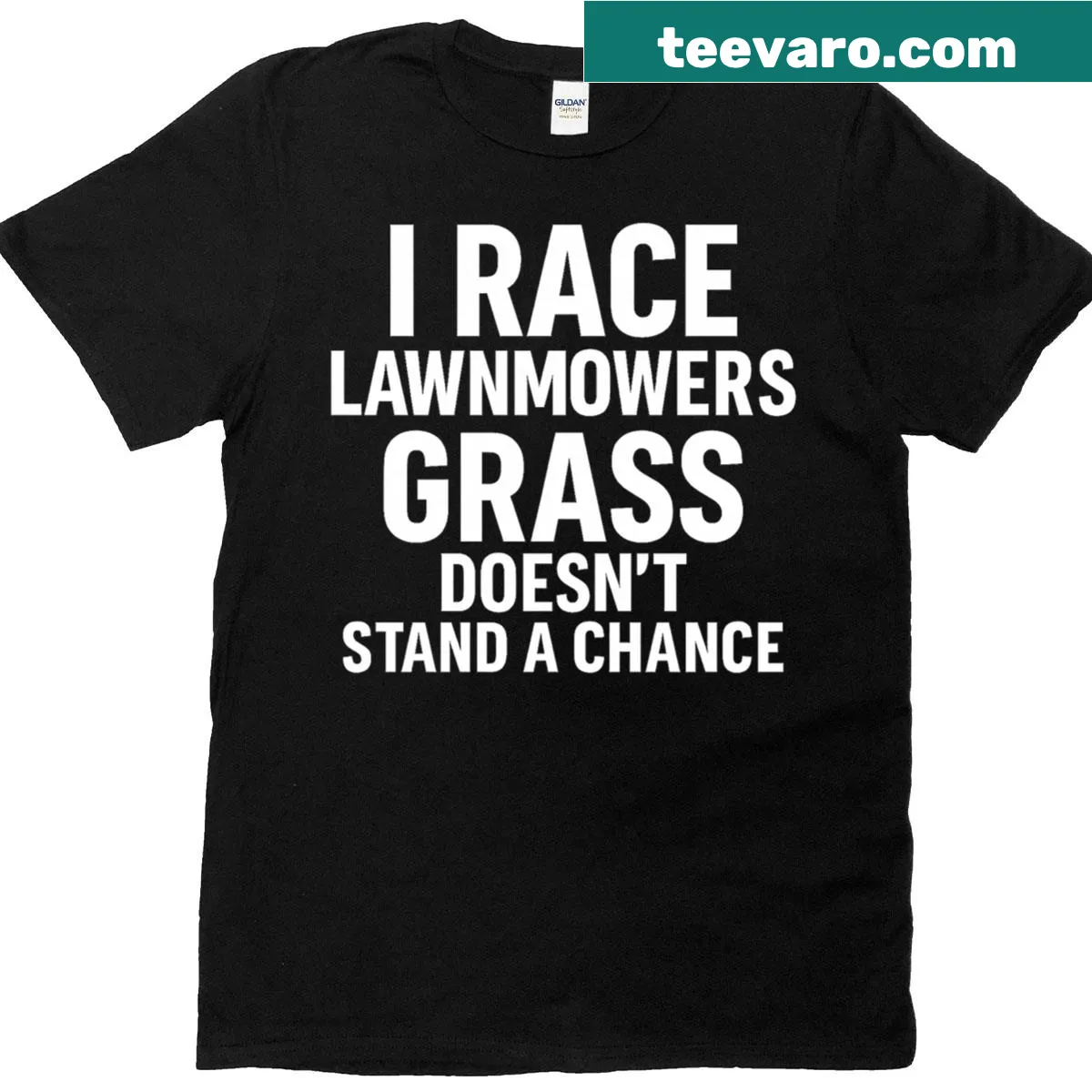 Humorous t-shirt about lawn mower racing with badge design — on a men's t-shirt