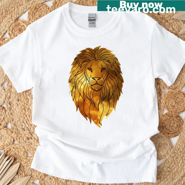 Celestial line art of a lion on a T-shirt