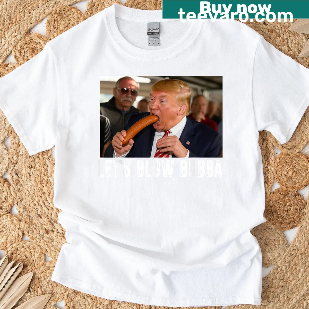 Humorous t-shirt with the phrase Let's Blow Bubba and US flag. — on a men's t-shirt