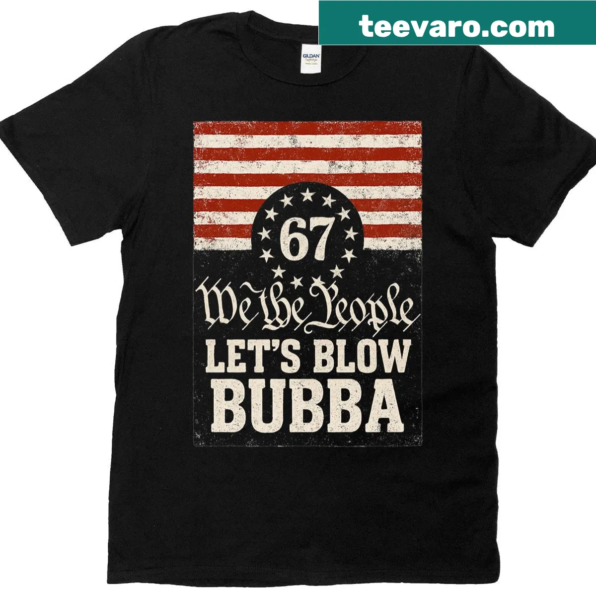 Funny retro T-shirt with US flag and 'Let's Blow Bubba' text — on a men's t-shirt
