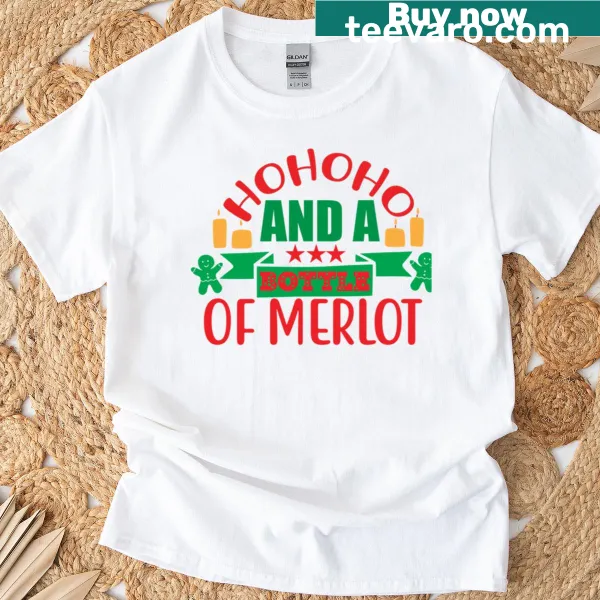 Illustration of wine glasses and holiday movie theme on a T-shirt