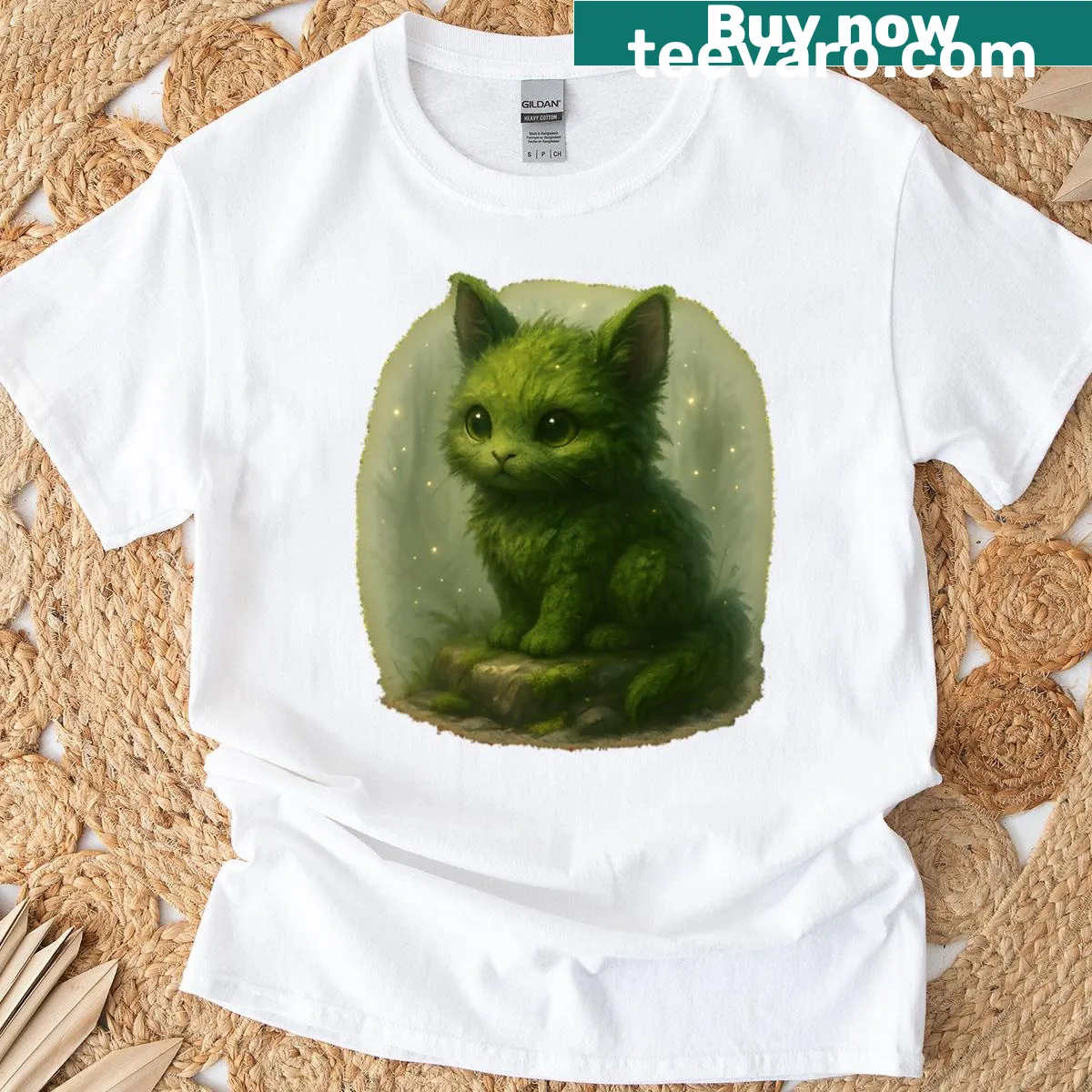 Whimsical illustration of a cat in an enchanted forest — on a men's t-shirt
