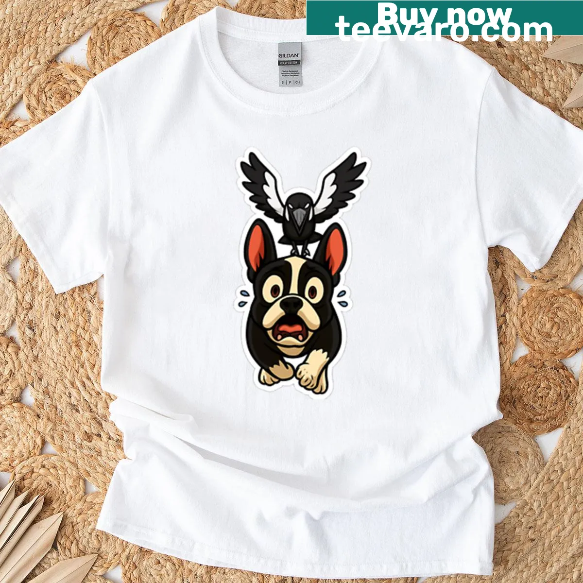 Whimsical t-shirt featuring a magpie and surprised dog design. — on a men's t-shirt