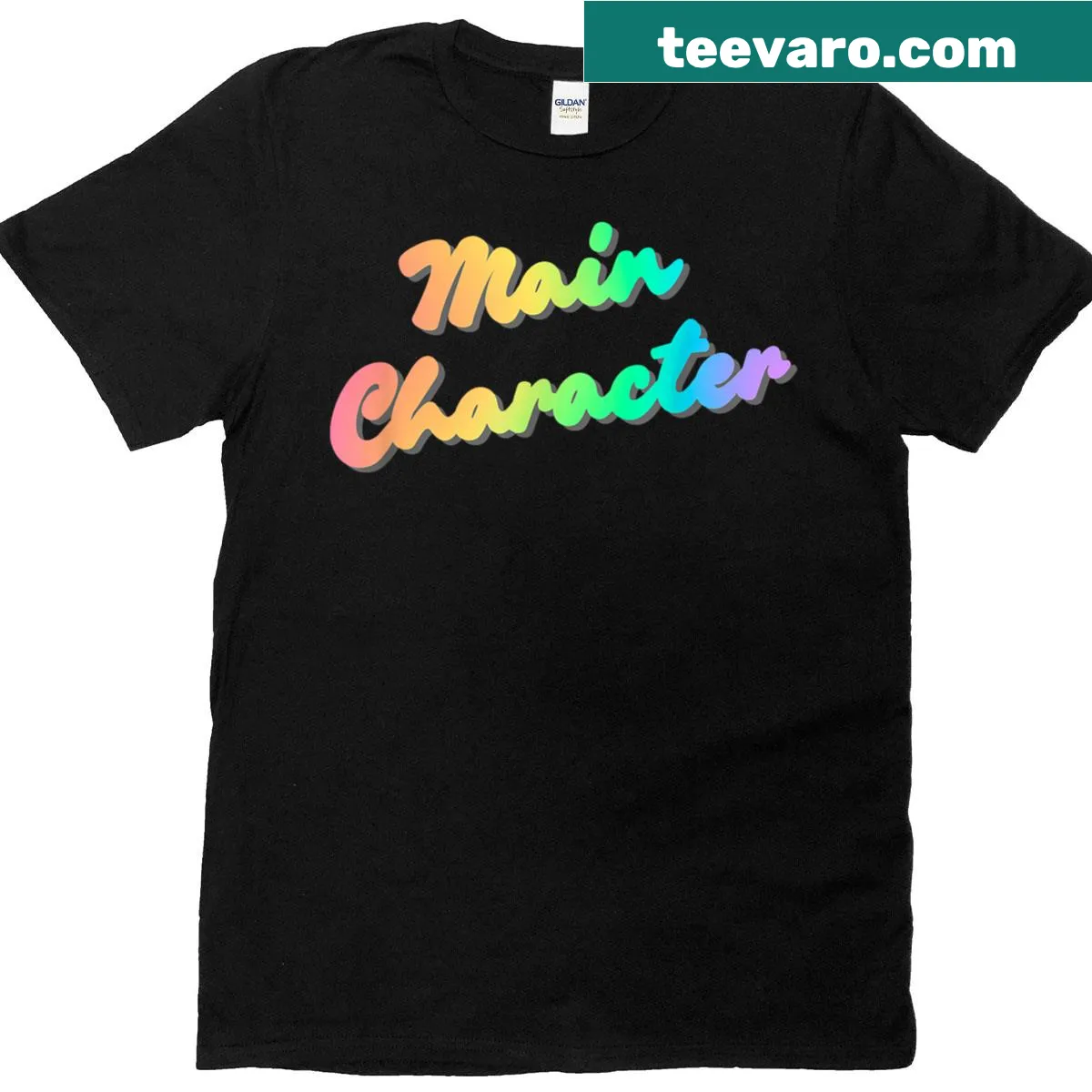 Main Character t-shirt with rainbow graphic and playful text — on a men's t-shirt