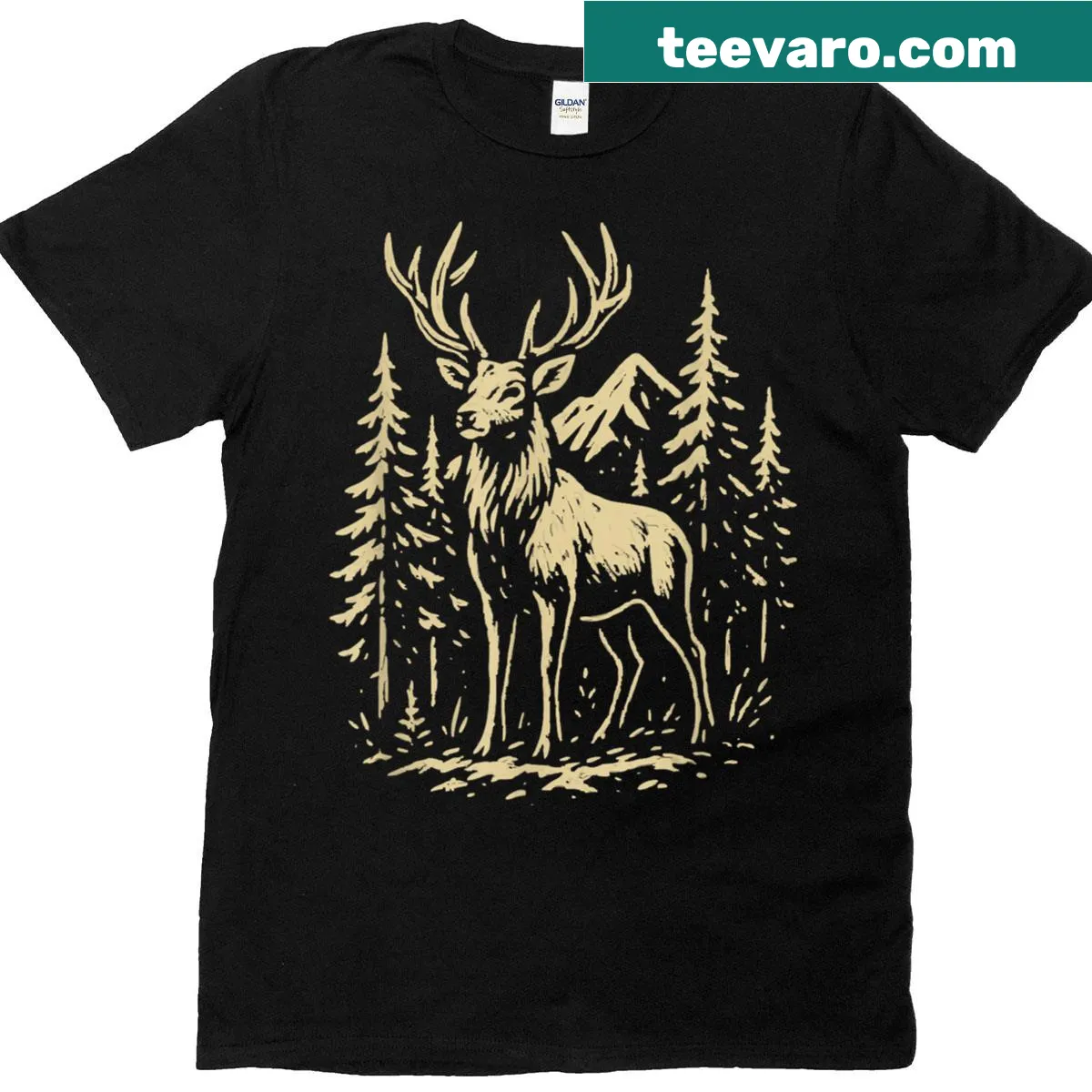 Graphic t-shirt featuring a majestic red deer stag in rustic wilderness style — on a men's t-shirt