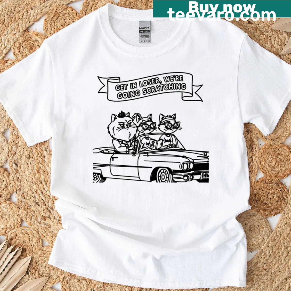Humorous Mean Girls themed T-shirt with cat graphics — on a men's t-shirt