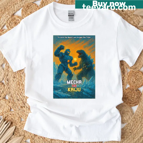 Dynamic Mecha vs. Kaiju graphic on a T-shirt