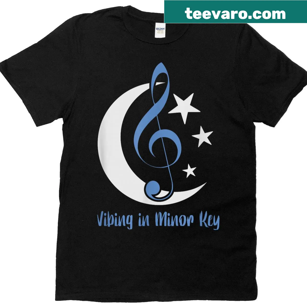 Treble clef and celestial elements in a nostalgic music design — on a men's t-shirt