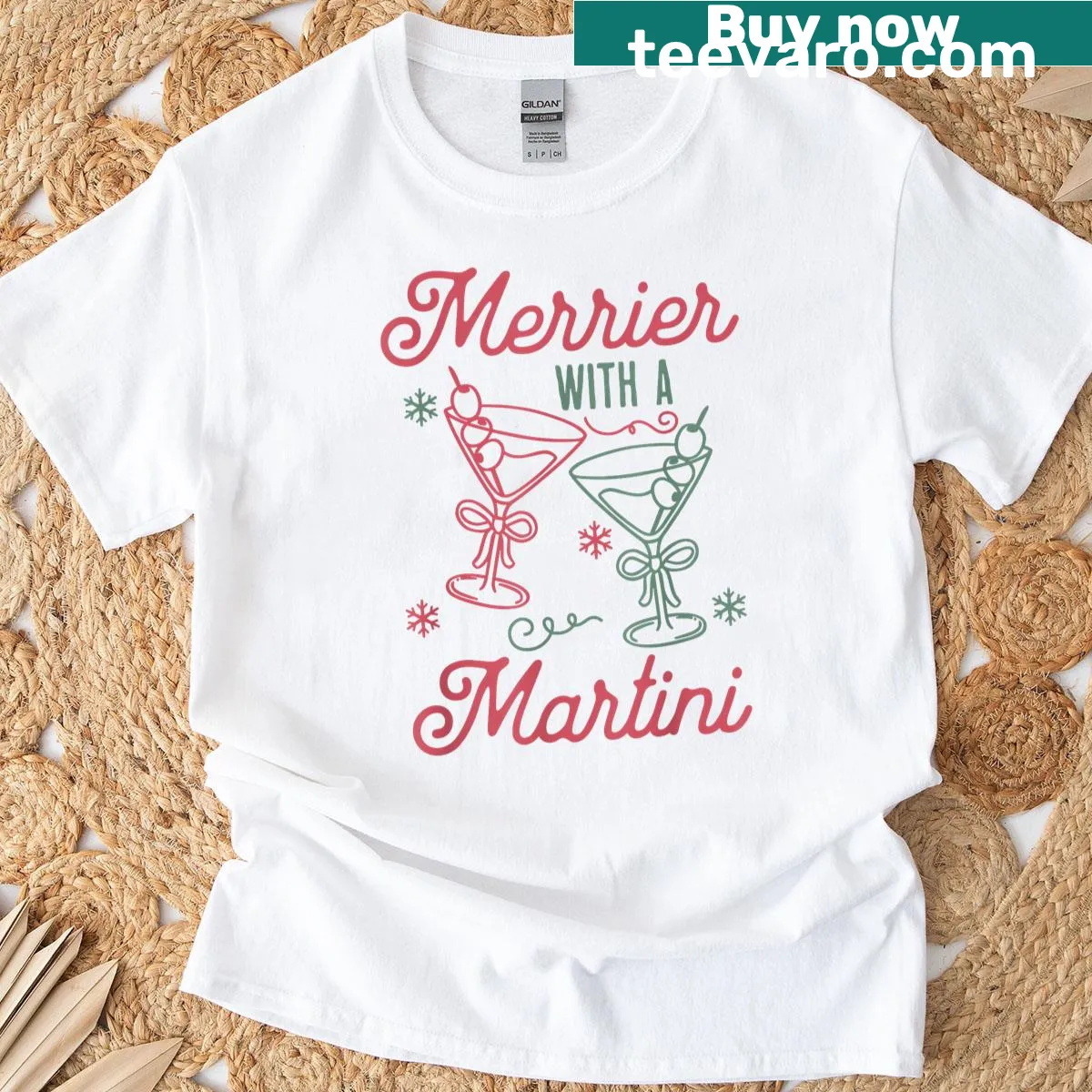 Cute Christmas T-shirt featuring a martini glass illustration — on a men's t-shirt