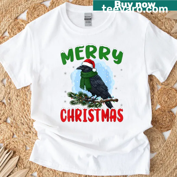 Funny Merry Christmas Black Bird graphic t-shirt with a Santa hat illustration.