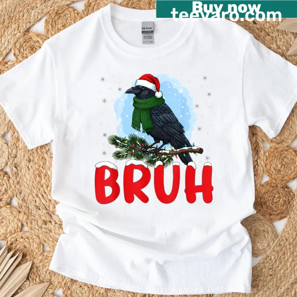 Funny T-shirt with cartoon black bird in Santa hat and text