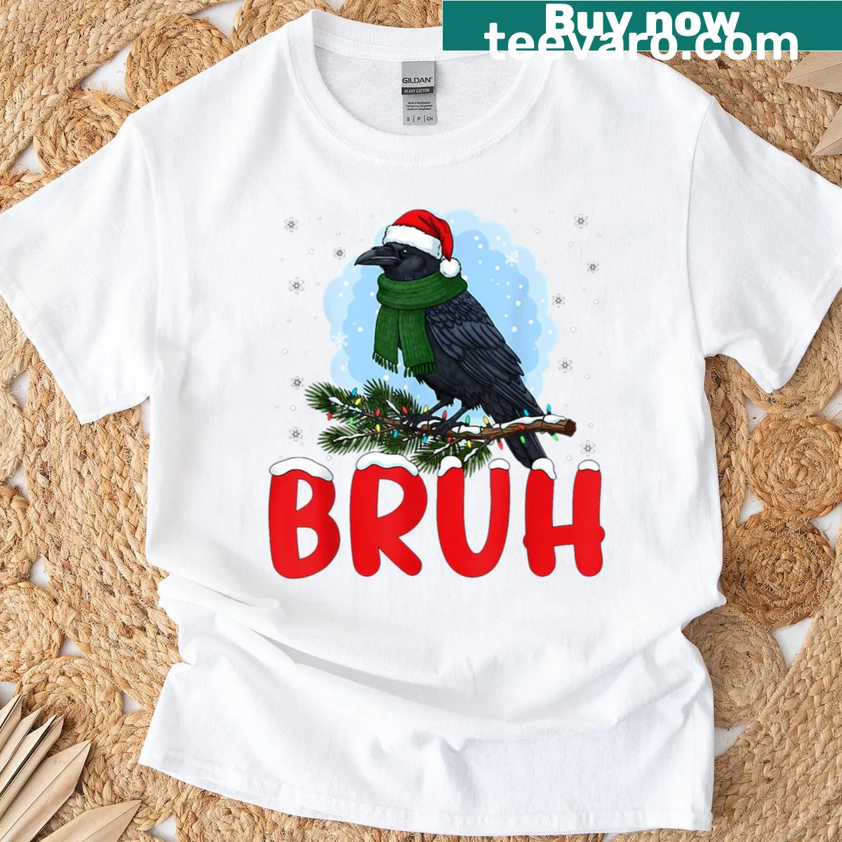 Funny T-shirt with cartoon black bird in Santa hat and text — on a men's t-shirt