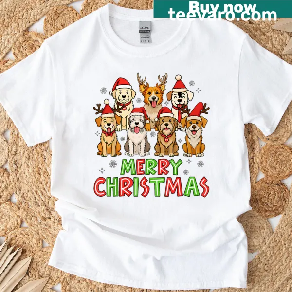 Merry Woofmas design with dog paws and lights on a T-shirt