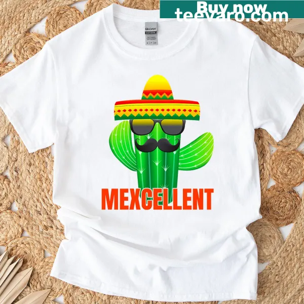 Vintage-style cactus graphic with 'Mexcellent' text on a t-shirt.