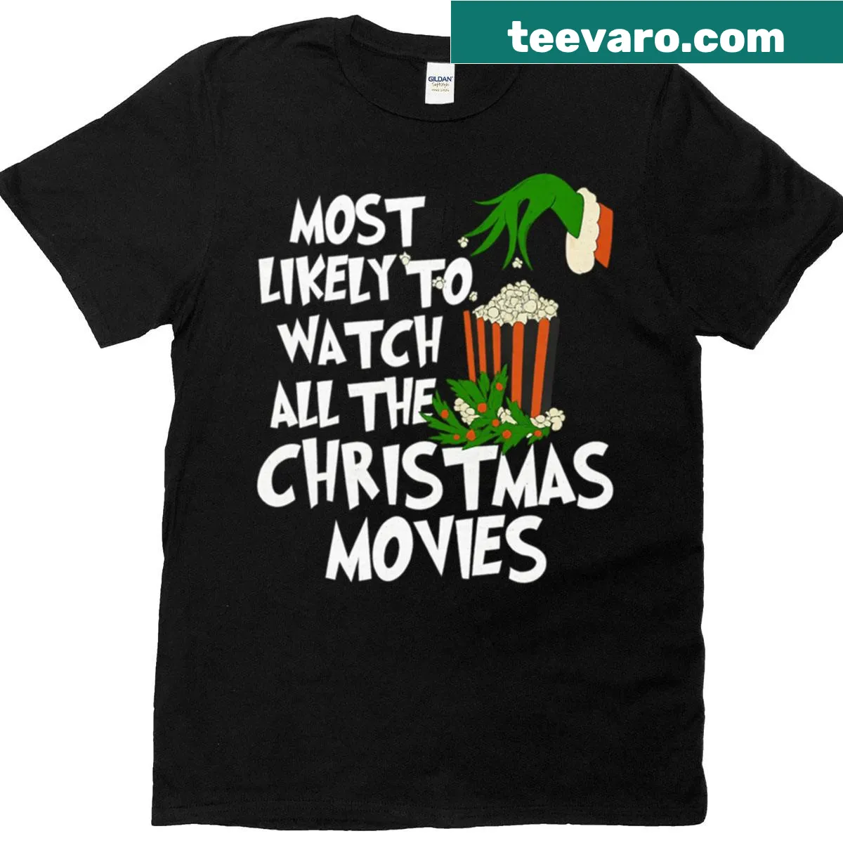 Funny t-shirt stating 'Most Likely to Watch All the Christmas Movies' — on a men's t-shirt