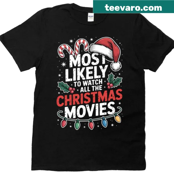 Family matching t-shirt with text about Christmas movies