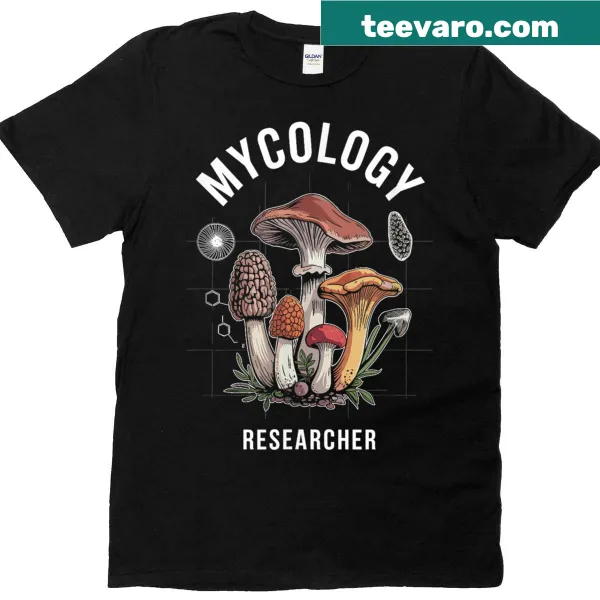 Illustrative T-shirt featuring mushrooms and science elements