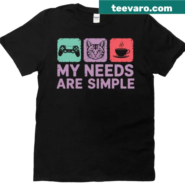 T-shirt featuring icons of gaming, cats, and coffee