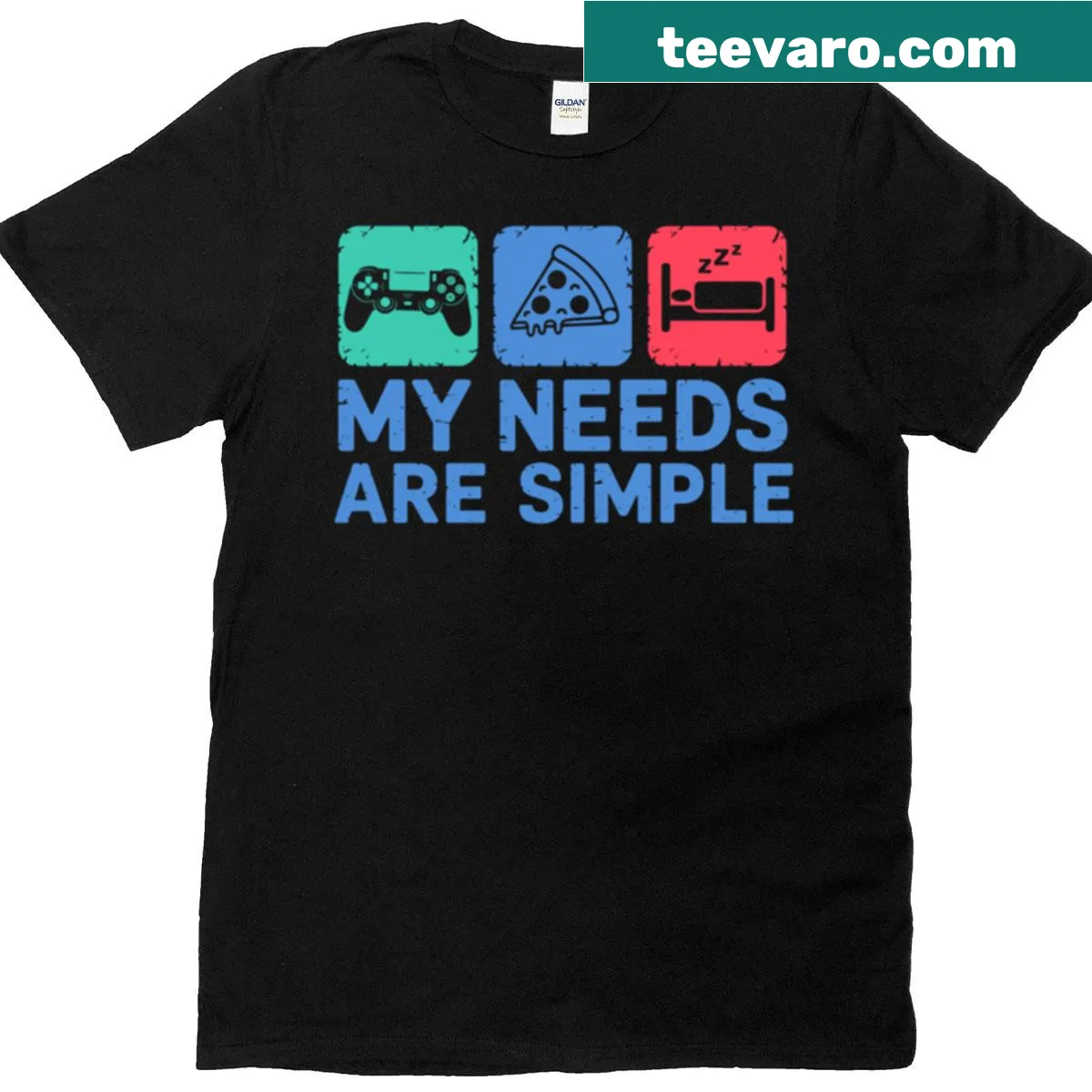 Humorous t-shirt with gaming, pizza, and sleep icons — on a men's t-shirt