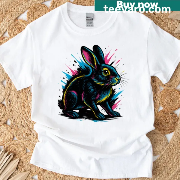 Cartoon rabbit splashing in a colorful design on a t-shirt.