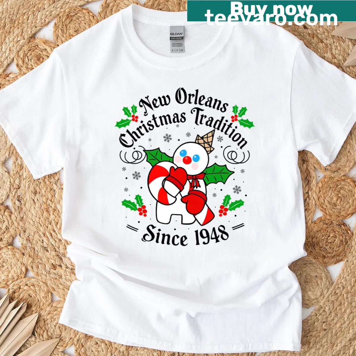 T-shirt featuring Mr. Bingle snowman illustration for Christmas — on a men's t-shirt