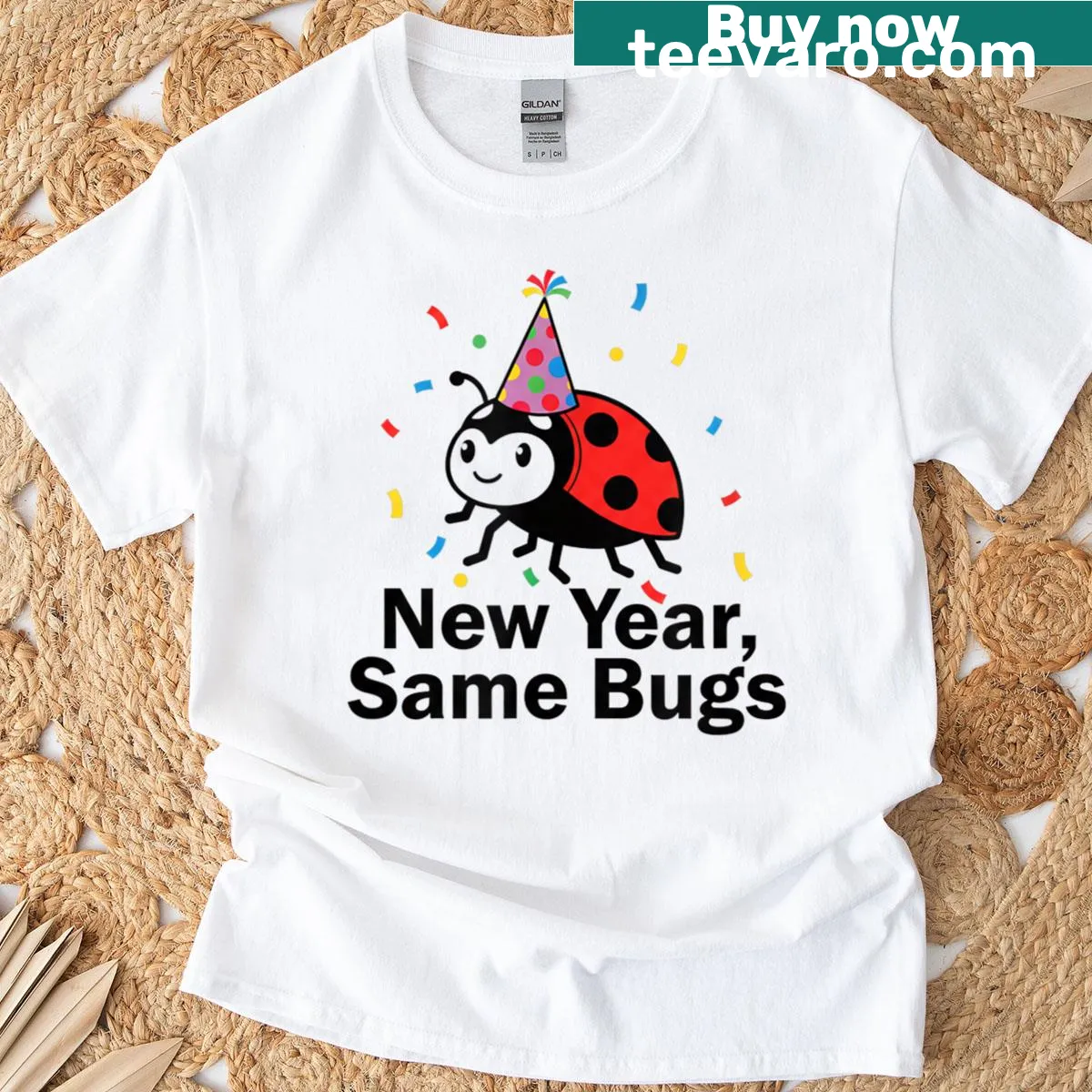 Funny programmer T-shirt with the slogan 'New Year Same Bugs' — on a men's t-shirt