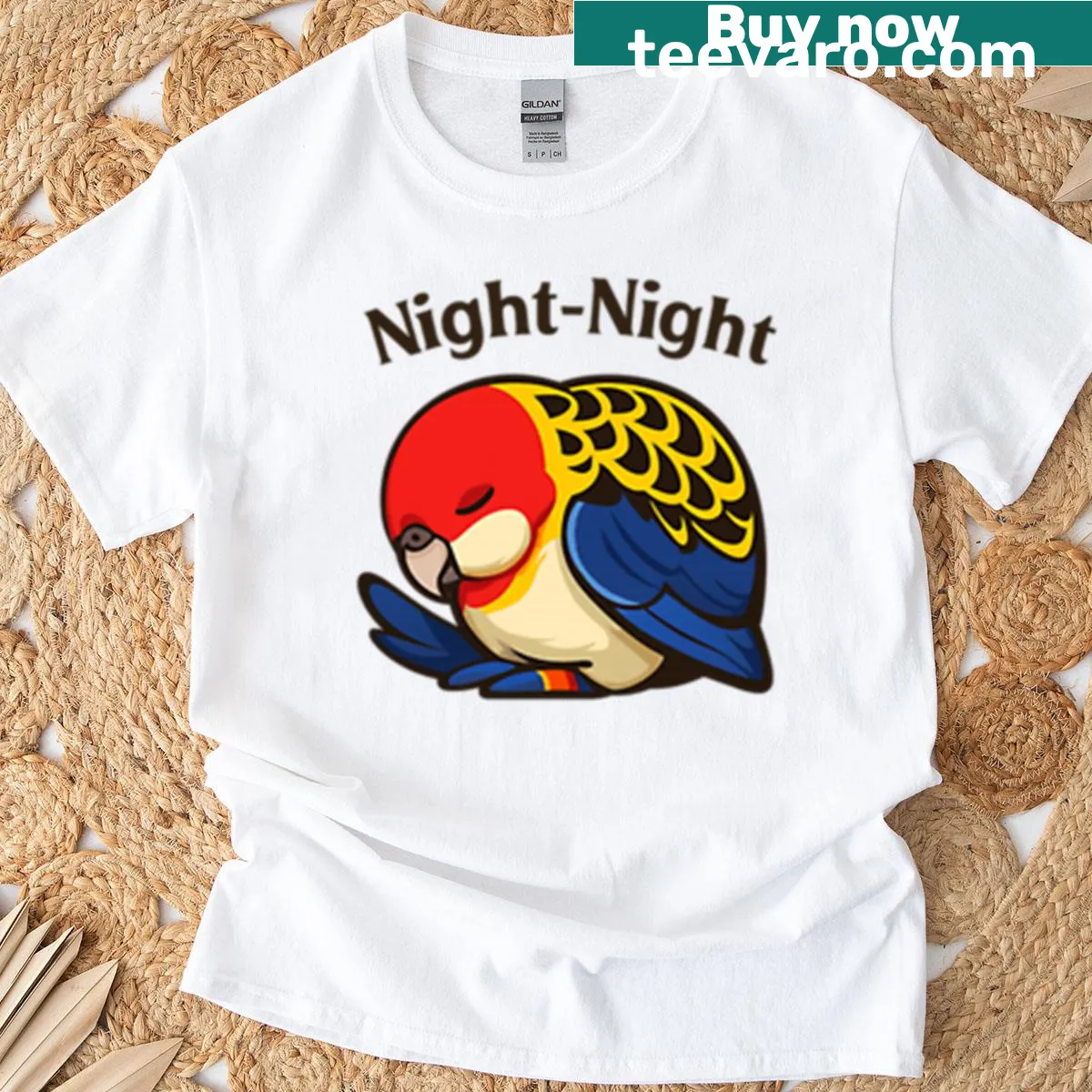 Serene illustration of a sleeping rosella bird on a t-shirt. — on a men's t-shirt