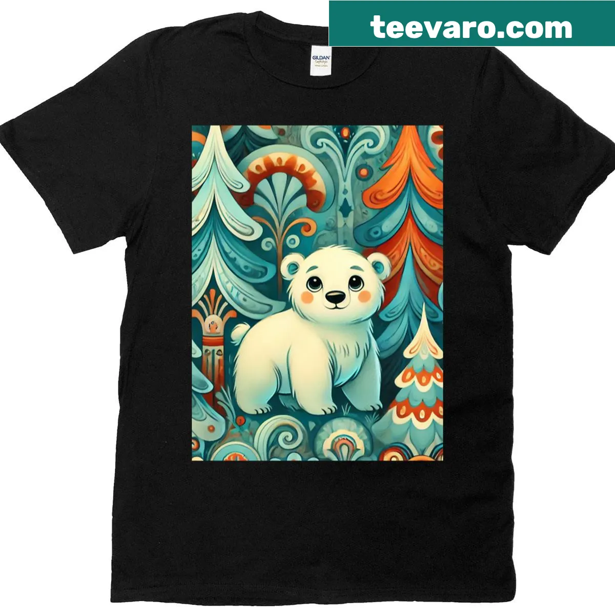 Illustrated t-shirt featuring a polar bear and floral forest — on a men's t-shirt