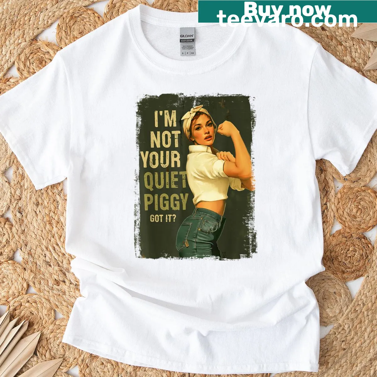 Humorous pig graphic with text 'Not Your Quiet Piggy' for women. — on a men's t-shirt
