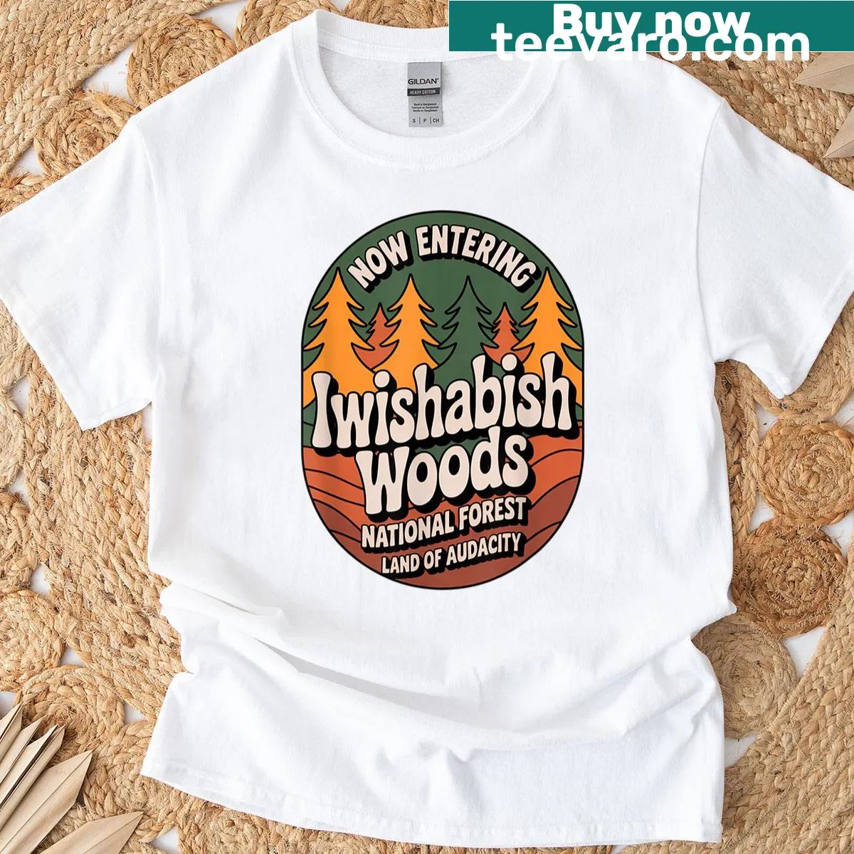 T-shirt with typography design of Iwishabish Woods National Forest — on a men's t-shirt