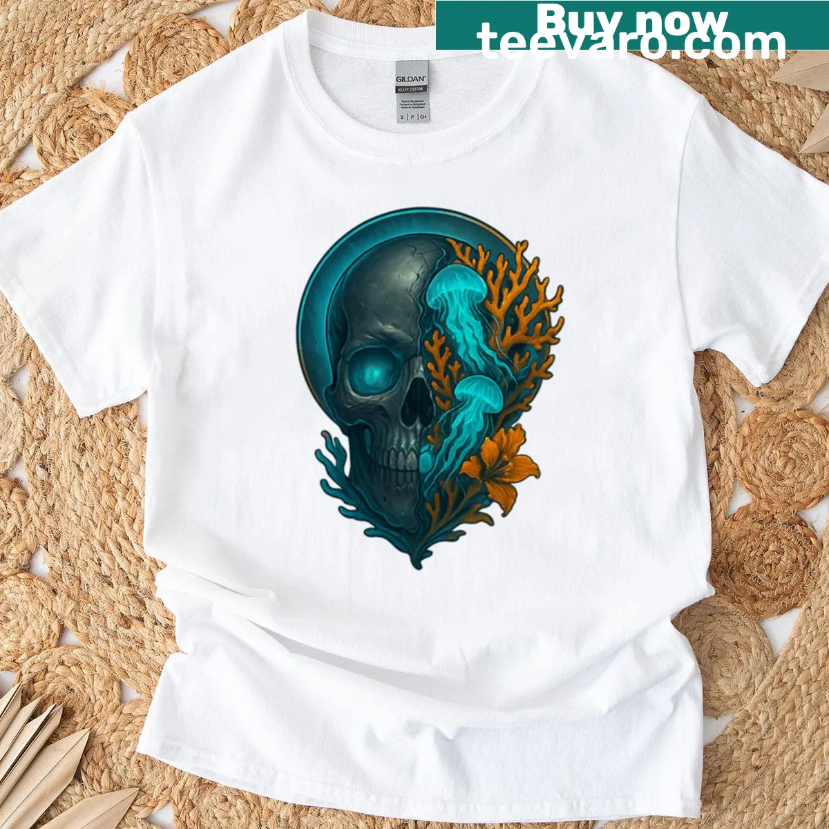 Skull design with glowing jellyfish on T-shirt — on a men's t-shirt