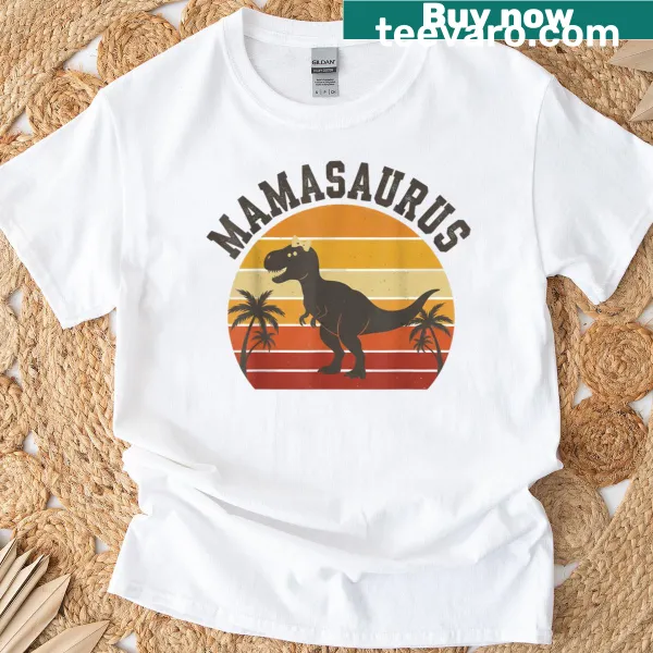 Funny Old School Mamasaurus shirt with a dinosaur and vintage sunset
