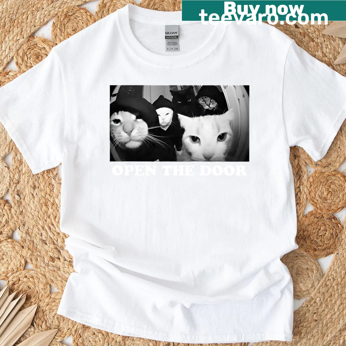 Funny cat gang t-shirt with playful graphics and text — on a men's t-shirt