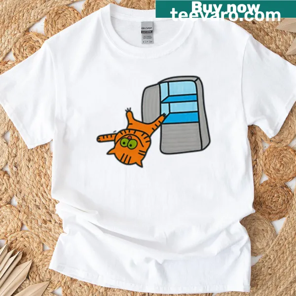 Funny T-shirt with orange cat slipping out of the fridge