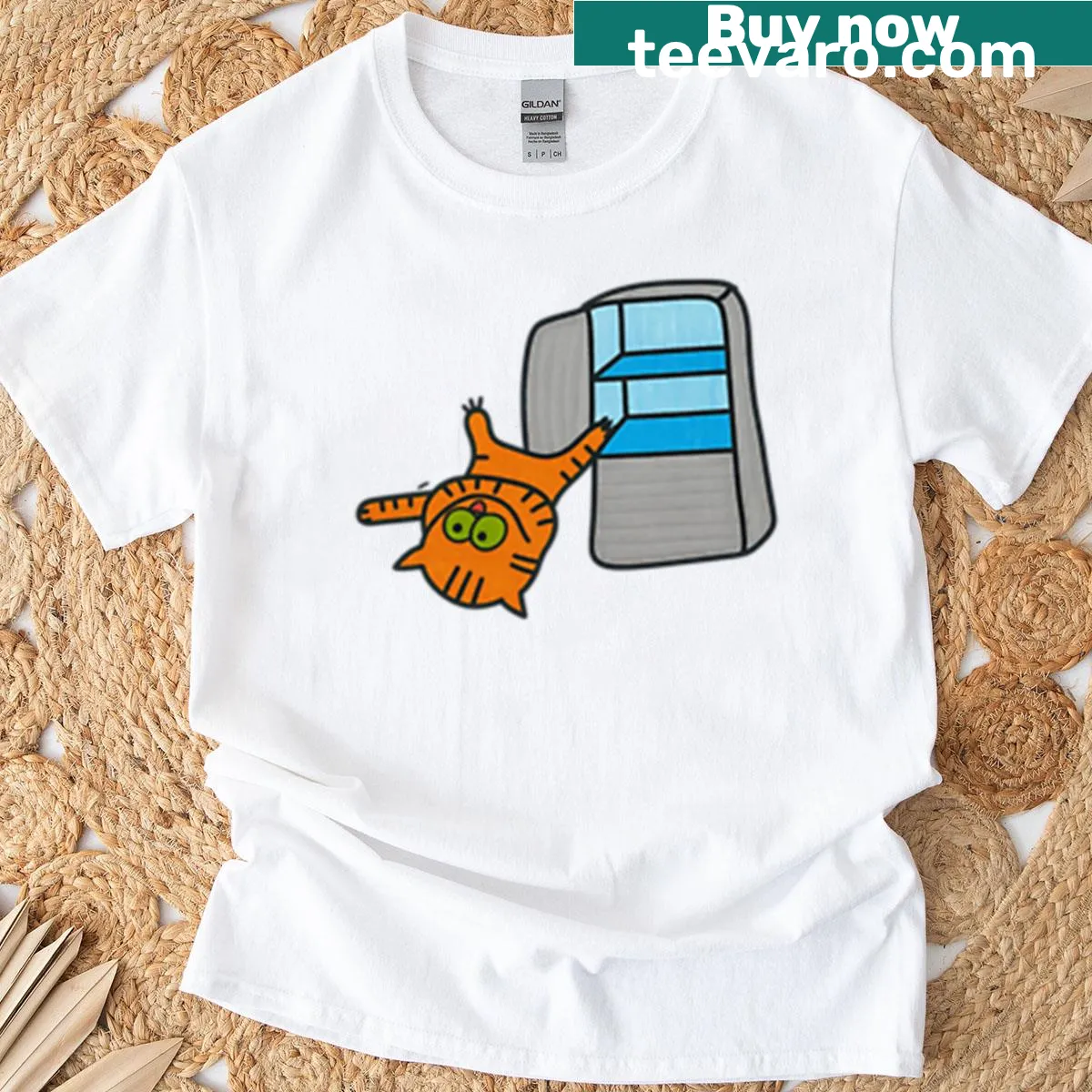 Funny T-shirt with orange cat slipping out of the fridge — on a men's t-shirt