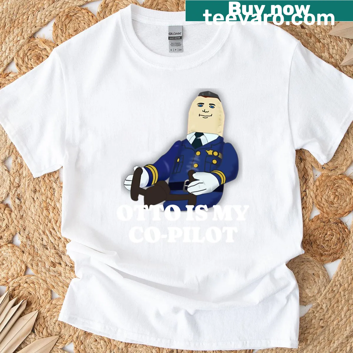 Cartoon graphic of Otto the dog as co-pilot on T-shirt. — on a men's t-shirt