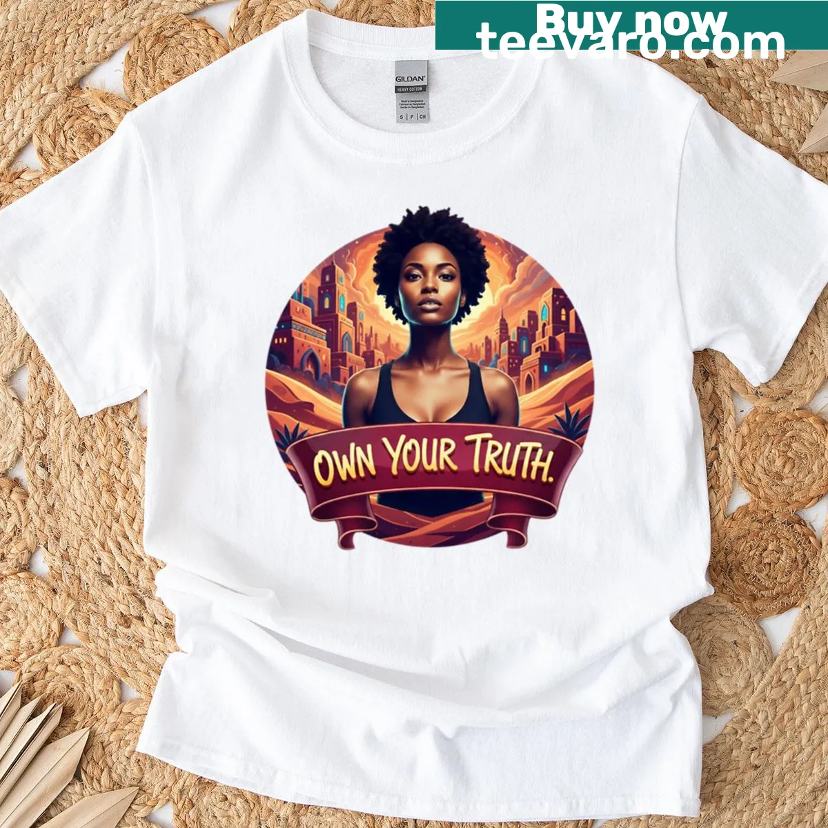 Pop art t-shirt with 'Own Your Truth' text and desert city design — on a men's t-shirt