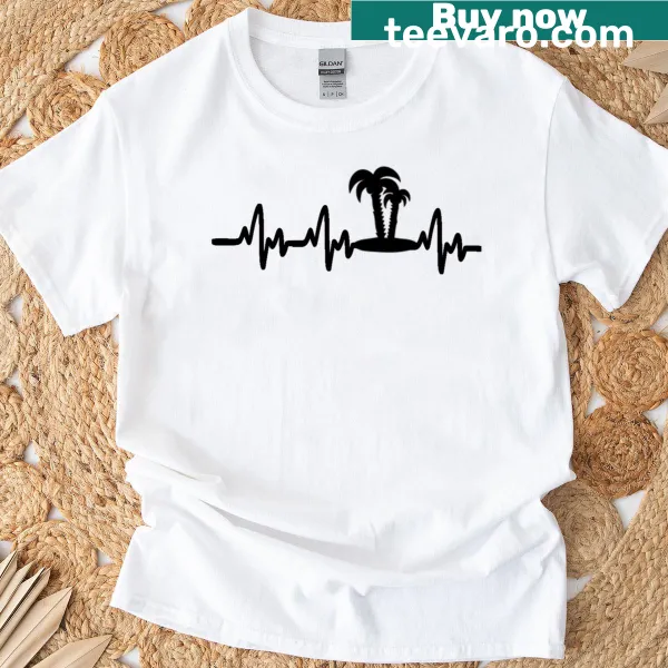 Illustration of a palm tree in a heart shape on a t-shirt.