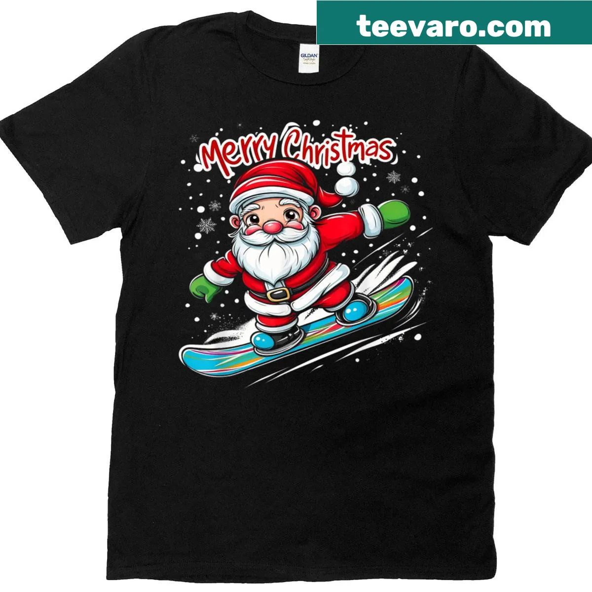 Fun Santa snowboarding design t-shirt for winter holidays — on a men's t-shirt