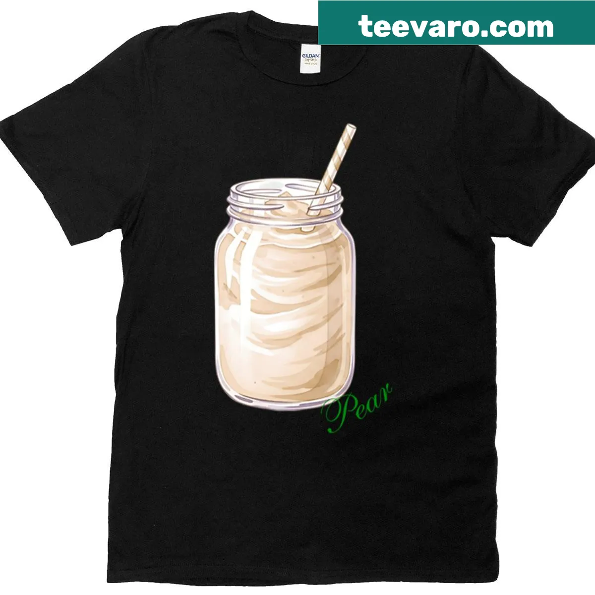 Graphic tee featuring an illustration of a pear milkshake with a straw — on a men's t-shirt
