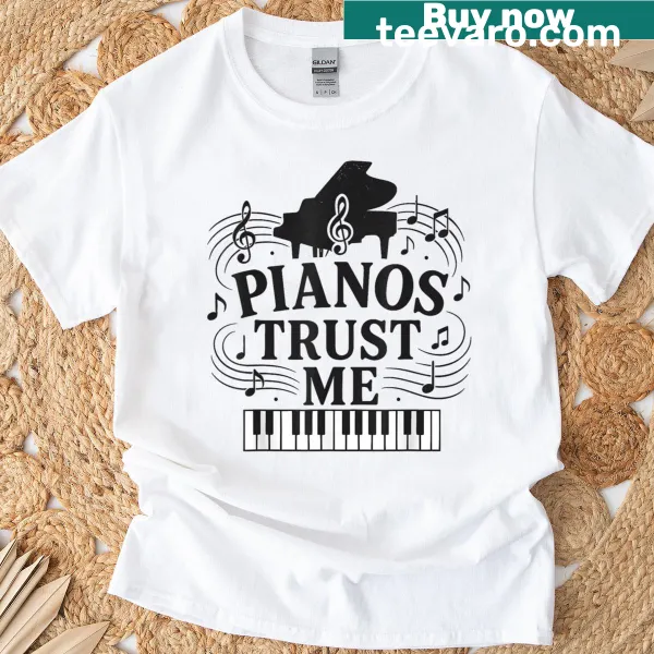 Humorous piano lover T-shirt with musical notes graphic