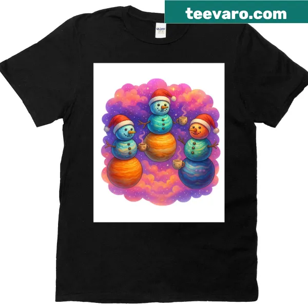 Whimsical T-shirt with snowmen in space sipping cocoa for holidays