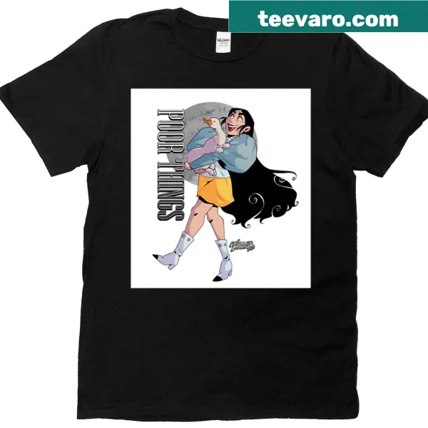 Bold typography graphic on a Poor Things T-shirt