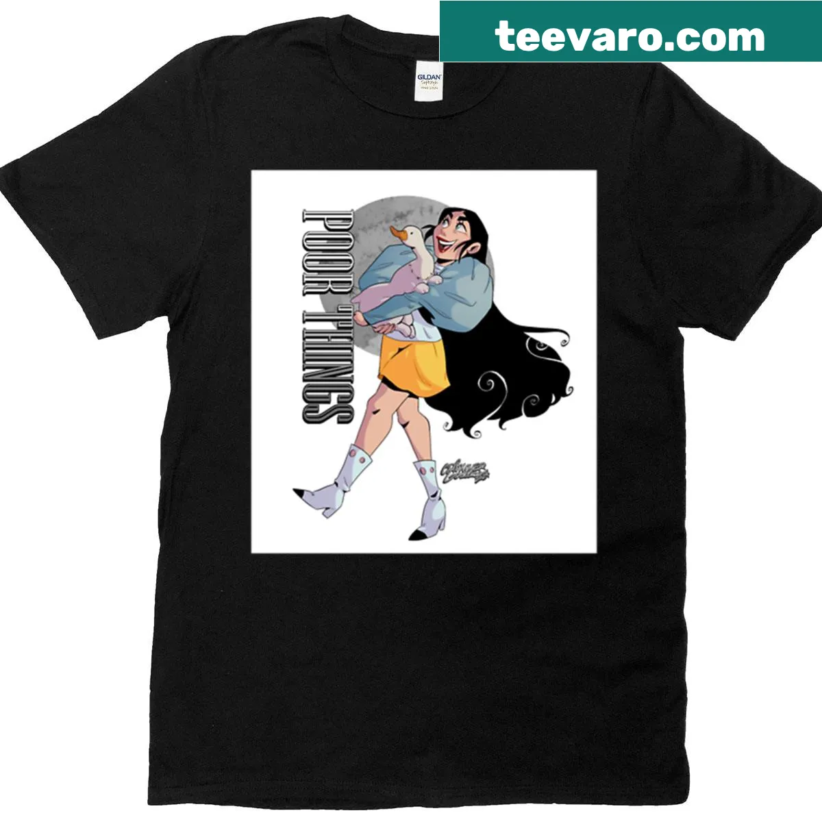 Bold typography graphic on a Poor Things T-shirt — on a men's t-shirt