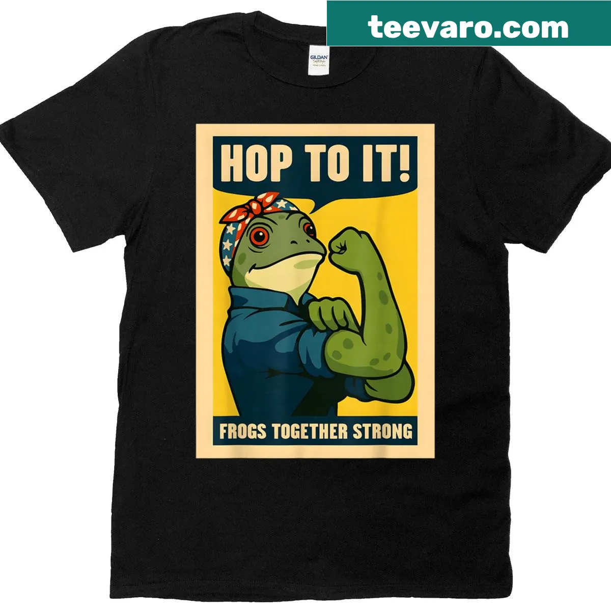 Bold typography with frog graphics promoting unity on a t-shirt — on a men's t-shirt