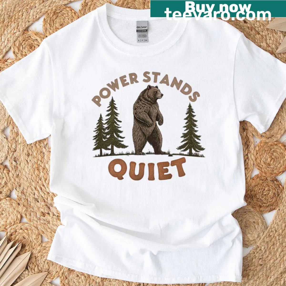 Bold text 'Power Stand Quiet' on a confident t-shirt design. — on a men's t-shirt