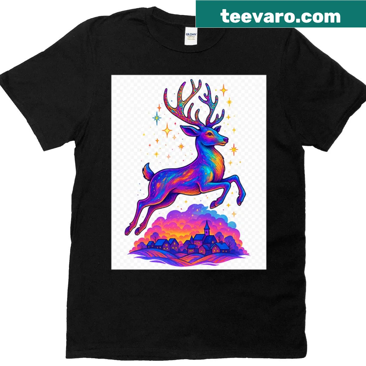 Psychedelic reindeer leaping over a whimsical village in holiday artwork — on a men's t-shirt